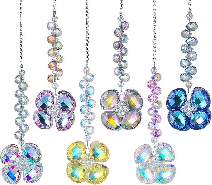 6pcs Crystal Suncatchers Four Leaf Clover Hanging Ornaments, Rainbow Maker Sun Catchers Indoor Window Outdoor Patio Garden Decor Gifts