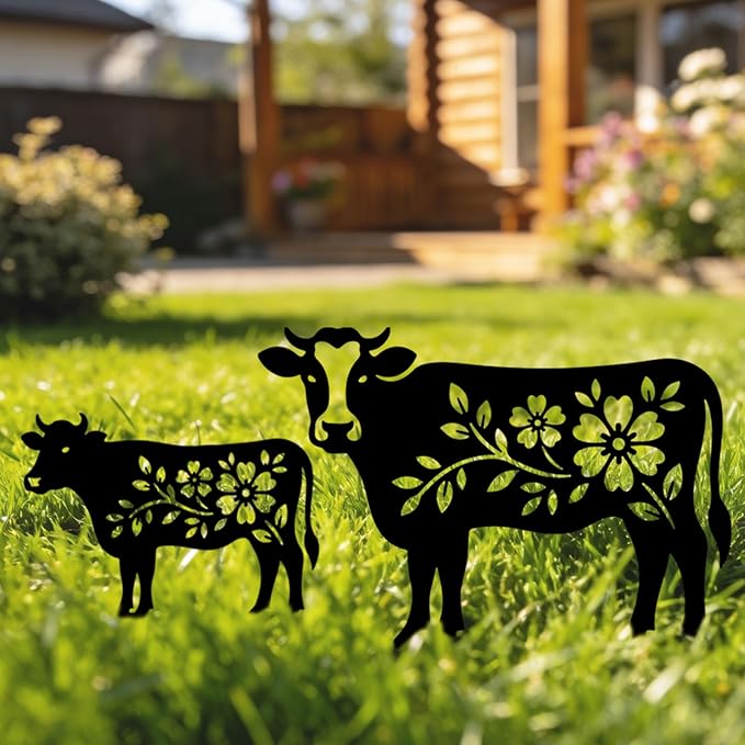 GLOBLELAND 2 Pcs Pattern Cow Garden Stakes Animals Metal Decorative Garden Stakes Metal Yard Signs Decoration for Lawn Patio Yard Garden Decor