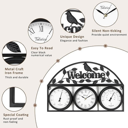 26Inch Large Outdoor Clock,Waterproof Wall Clock with Thermometer and Hygrometer Combo,Weatherproof Non-Ticking Battery Operated Decor Clock for Patio,Garden,Pool,Porch,House Warming Gifts