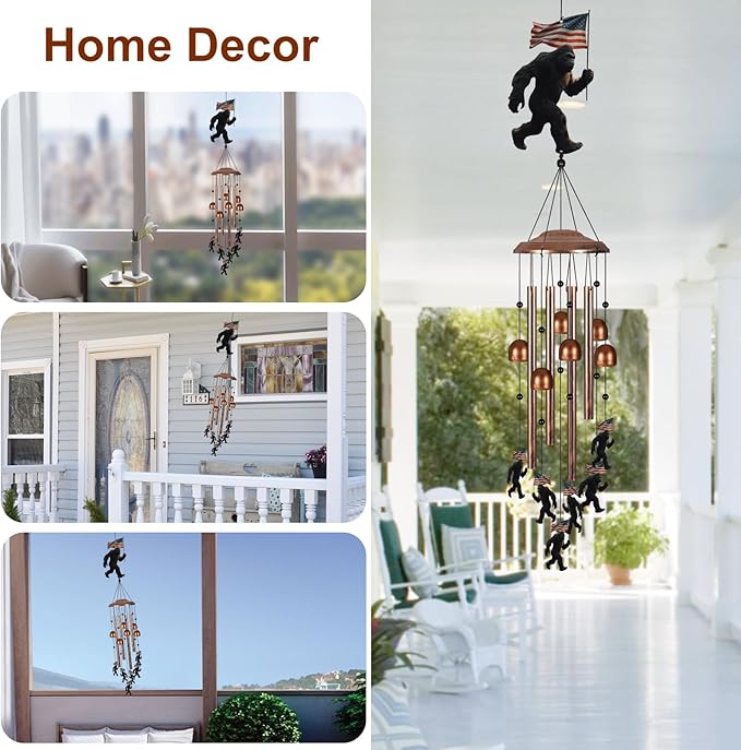 Bigfoot Wind Chimes for Outside, Sympathy Wind Chimes for Outdoors Garden Decor with Natural Sounds, Big Foot Sasquatch Gifts for Women Mom and Grandma