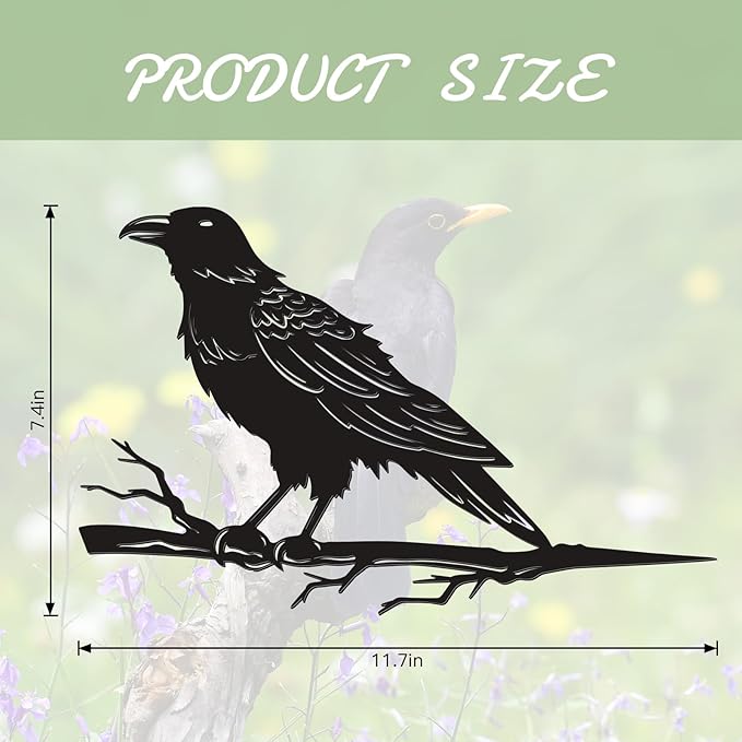Raven Crow Fence Topper Decor, Metal Garden Birds Black Silhouette Statue, Halloween Witchy Gothic Ornament for Yard Fence, Fake Crow Home Garden Decoration (Vivid)