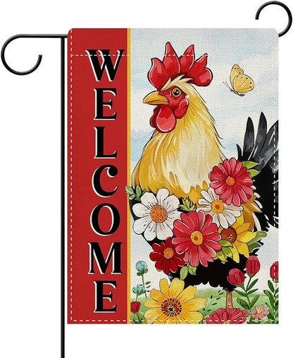 Dyrenson Welcome Spring Summer Rooster Decorative Garden Flag, Farm Animal Daisy Flower Red Yard Outside Home Decoration, Farmhouse Butterfly Burlap Outdoor Small Decor Double Sided 12 x 18