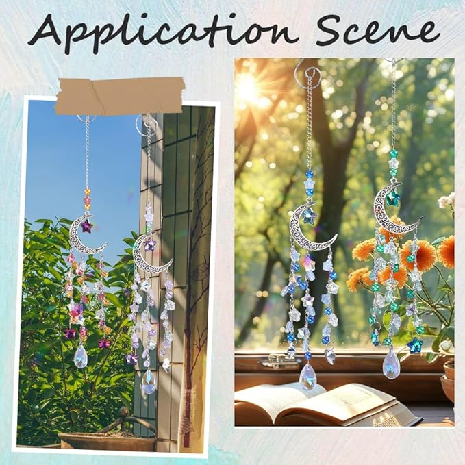 SUNNYCLUE 1 Box DIY 4 Sets Moon Suncatcher Craft Rainbow Catcher Window Moon Star Five Star Pentagram Ab Colored Beaded Teardrop Sun Light Catcher Making Kit for Hanging Ornament Garden Decorations