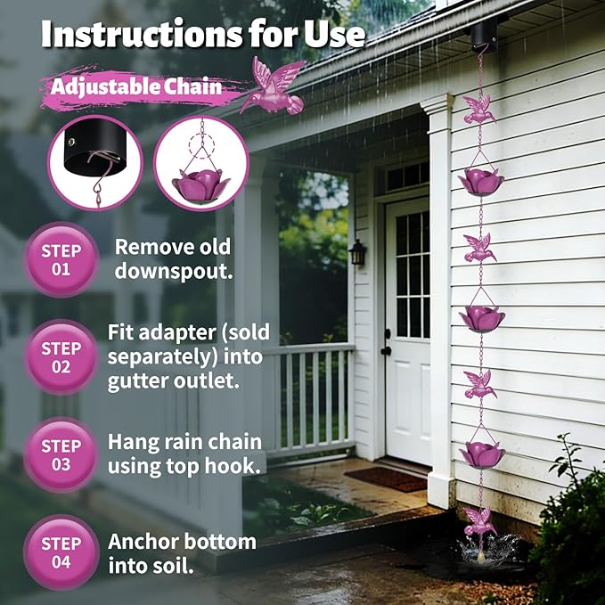 9.2ft Rain Chains for Gutters Outside,Rain Catcher Chain with 6 Lotus Rain Metal Cups & 7 Hummingbird Decor,Adjustable Rain Catcher Chain Replacement Downspout for Gutters,Drainage & Eaves