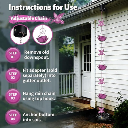 9.2ft Rain Chains for Gutters Outside,Rain Catcher Chain with 6 Lotus Rain Metal Cups & 7 Hummingbird Decor,Adjustable Rain Catcher Chain Replacement Downspout for Gutters,Drainage & Eaves