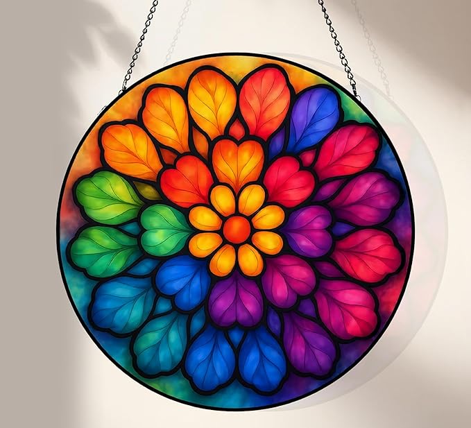 Stained Glass Window Hanging, Rainbow Mandala Meditation Sun Catcher, Stained Glass Panels for Indoor Windows Wall Art Decor, Birthday Gift for Mom Women Wife Lovers (7.87inch)