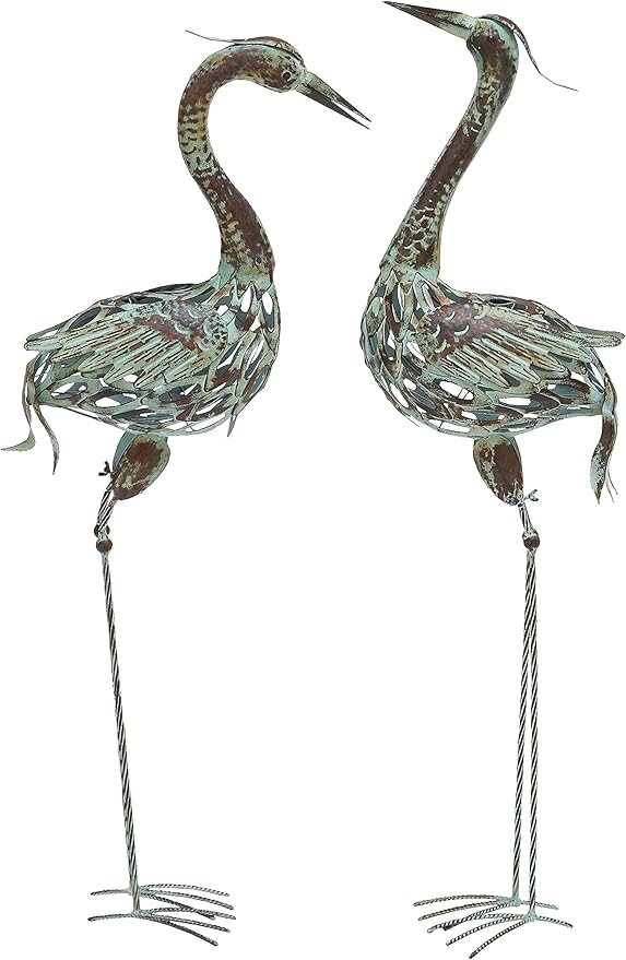 Deco 79 Metal Crane Decorative Garden Sculpture Indoor Outdoor Garden Statues, Set of 2 Outdoor Sculptures 40", 38"H, Green