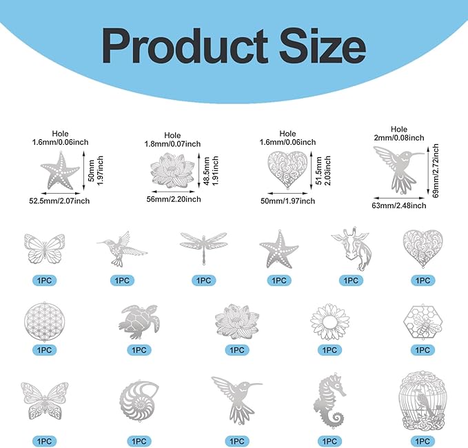 16Pcs Metal Replacement Wind Catcher, Beadthoven Wind Chime Parts Stainless Steel Bird Butterfly Sea Turtle Cow Bee Animal Shaped Flat Metal Embellishments for Wind Bells Memorial Sympathy Wind Chimes