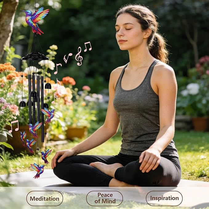 Hummingbird Wind Chimes for Outside Black Metal Windchimes Outdoors Hummingbirds Gifts for Women/Men Garden/Yard Decor Memorial/Birthday Gifts for Grandma/Mom Durable Chimes for Outdoors