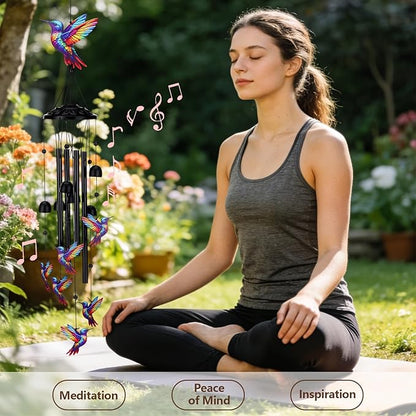 Hummingbird Wind Chimes for Outside Black Metal Windchimes Outdoors Hummingbirds Gifts for Women/Men Garden/Yard Decor Memorial/Birthday Gifts for Grandma/Mom Durable Chimes for Outdoors
