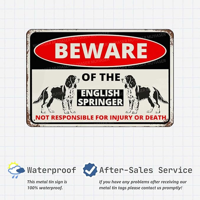 Beware Of The Dog English Springer Sign Aluminum Metal Tin Signs Outdoor Yard Sign Warning Sign For Fence Yard Home Kitchen Farm Garden Wall Decor 8x12 Inch