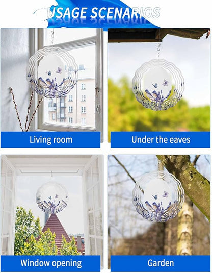 Stainless Steel Wind Spinner for Yard Garden Decoration, Blue Purple Bird Flower Floral Butterfly Round Wind Sculpture Spinner 3D Crafts Hanging Ornaments for Indoor Outdoor, 8 Inch