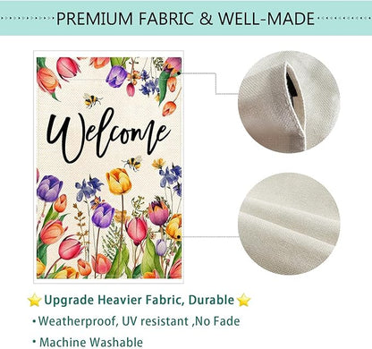 Baccessor Spring Summer Easter Tulip Welcome Garden Flag Double Sided Bee Colorful Floral Small Burlap Yard House Seasonal Farmhouse Outside Outdoor Decoration 12.5 x 18 Inch