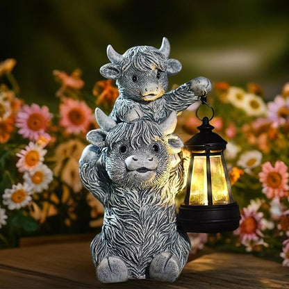 Solar Highland Cow Garden Decor - Resin Cow Statue with Solar Lantern Outdoor Yard Patio Decor - Ideal Gifts for Women,Mom Men (Grey)