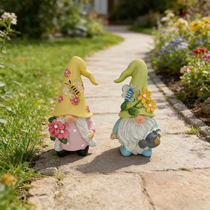Spring Gnome Figurines Set of 2, Floral Garden Decor with Bee and Butterfly, Yellow and Green Hats, Resin, 4.53 inches Height (Yellow and Green)