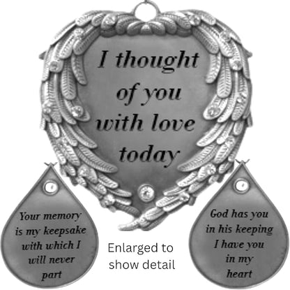 Memorial Wind Chimes Outdoor – Sympathy Gift Loss of Loved One – I Thought of You with Love Today Poem – Angel Wings Heart Teardrop Charm – in Loving Memory Wind Chime 23 Inch