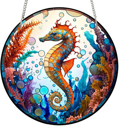 7.9'' Acrylic Window Hanging Decor,Stained Panel Hangings Decorative Acrylic Wall Decor Colorful Ornament Window Hangings for Outdoor Indoor Decor(Sea Horse)