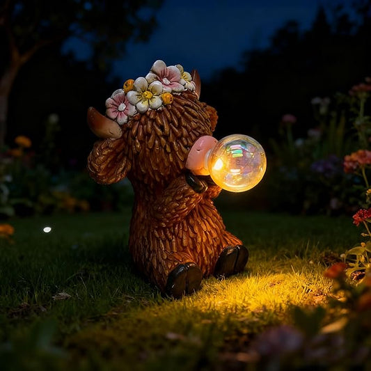 AVEKI Solar Highland Cow Garden Statue, Whimsical Bubble-Blowing Design with Solar Lights, Waterproof Resin Outdoor Decor for Patio, Yard, Lawn, Unique Gift for Mom, Grandma & Garden Lovers