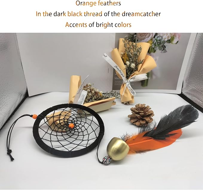 Dreamcatcher Indian Round Net Wind Chimes, Creative Black and Orange Feather Chimes for Balcony, Study, Bedroom Hanging Decoration