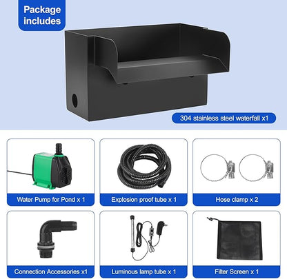 All-in-One Pond Waterfall Spillway Kit – 8” 304 Stainless Steel Waterfall Box with Ultra-Quiet 660GPH Pump, 10FT Tubing, Filter & Accessories for Outdoor Garden, Pool, Backyard Ponds