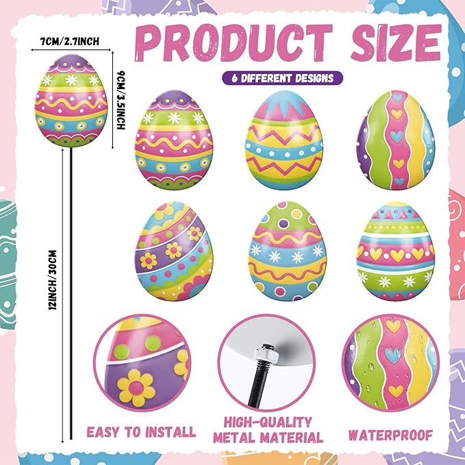 Shimeyao 6 Pcs Metal Easter Garden Stakes Happy Easter Metal Garden Signs Colorful Egg Shape Yard Stakes Outdoor Decor for Home Lawn Porch Holiday Front Backyard