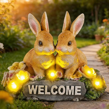 Solar Rabbit Garden Statue 5.9" Resin Bunny Statue with Welcome Sign Rabbit Figurines Light Decorations for Patio Yard Lawn Ornaments Easter Housewarming Birthday Gifts for Women Mom Grandma Wife