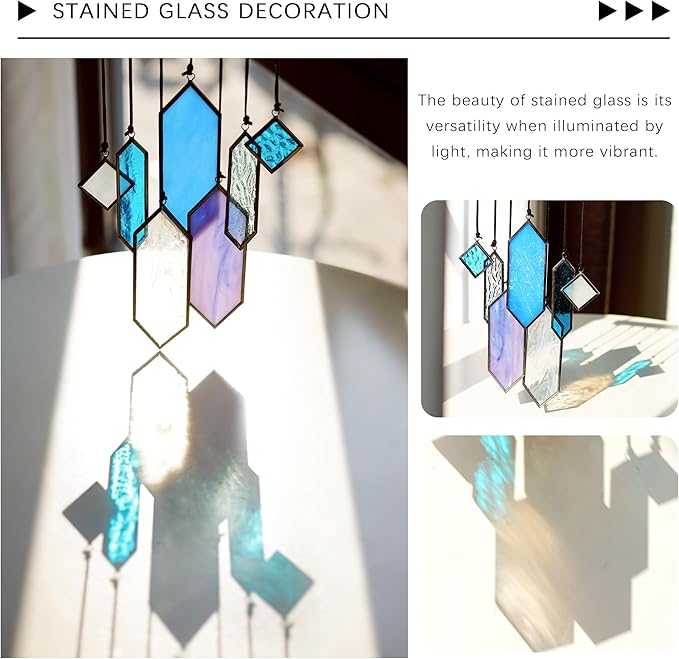 HDCRYSTALGIFTS Stained Glass Window Hanging Suncatchers - 7 Pieces Handcrafted Element Earth Tones Panel Set,Modern Blue Wall Art Sun Catchers Indoor Window Home Garden Decor