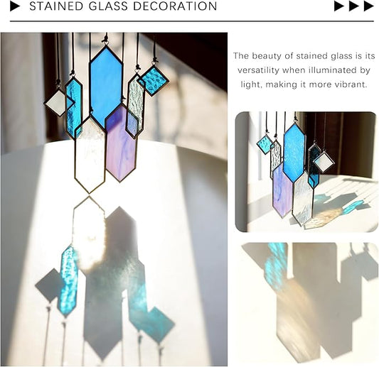 HDCRYSTALGIFTS Stained Glass Window Hanging Suncatchers - 7 Pieces Handcrafted Element Earth Tones Panel Set,Modern Blue Wall Art Sun Catchers Indoor Window Home Garden Decor