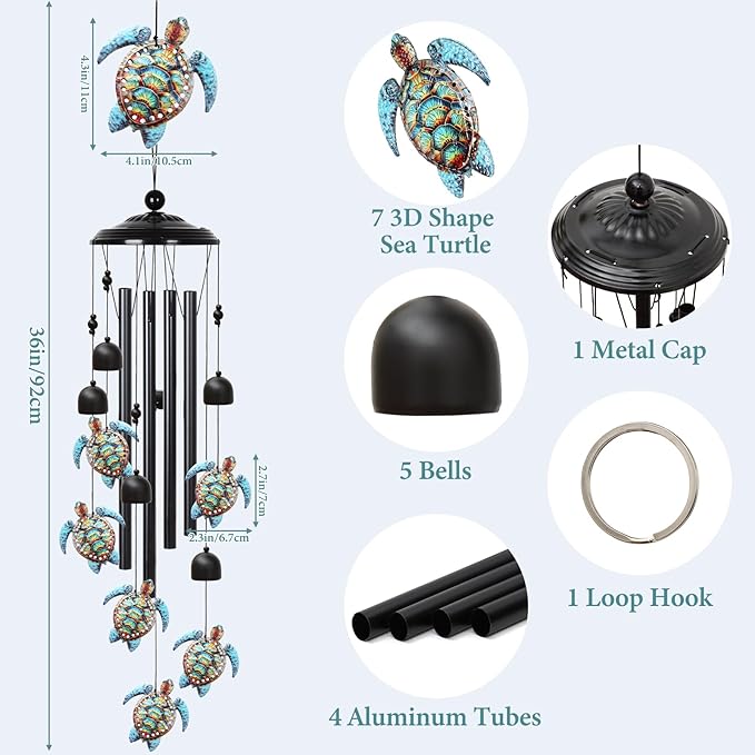 Sea Turtle Wind Chimes Outdoor with 4 Aluminum Tubes 36" Decorative Turtles Gifts for Women Rustic Design Hanging Wind Chime for Outside with Ring Home Decor for Garden Patio Yard Window