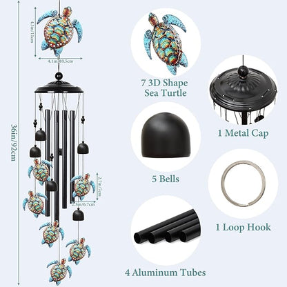 Sea Turtle Wind Chimes Outdoor with 4 Aluminum Tubes 36" Decorative Turtles Gifts for Women Rustic Design Hanging Wind Chime for Outside with Ring Home Decor for Garden Patio Yard Window