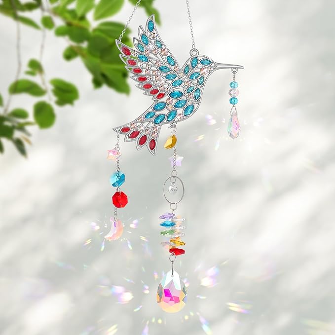 Hummingbird Gifts for Mom Grandma, Crystal Sun Catcher Hanging Indoor Window, Mothers Day Birthday Valentines Day Gifts for Women Bird Lovers, Love Pendant Home Decorations Garden Outdoor (Silver)