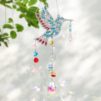 Hummingbird Gifts for Mom Grandma, Crystal Sun Catcher Hanging Indoor Window, Mothers Day Birthday Valentines Day Gifts for Women Bird Lovers, Love Pendant Home Decorations Garden Outdoor (Silver)