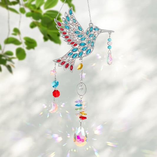 Hummingbird Gifts for Mom Grandma, Crystal Sun Catcher Hanging Indoor Window, Mothers Day Birthday Valentines Day Gifts for Women Bird Lovers, Love Pendant Home Decorations Garden Outdoor (Silver)