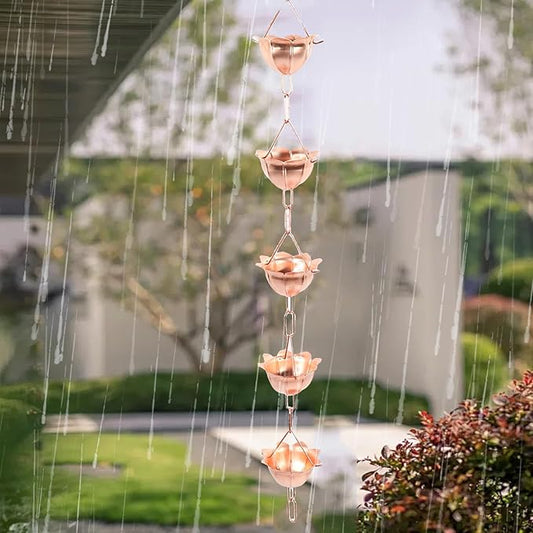 Rain Catcher Chain, 1M Copper Vintage Hanging Rain Chain Rainwater Catcher Outdoor Hanging Accessories for Yard Garden Temple (Petal Shaped)