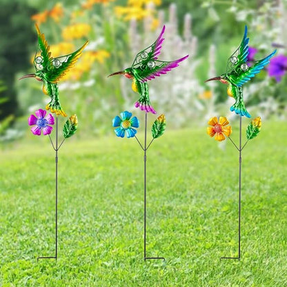 3 Pcs Hummingbird Decorative Garden Stakes with Metal Flower Set Spring Outdoor Decor,Metal Yard Art Stakes for Outside Garden Porch Lawn Plant Pot Flower Bed