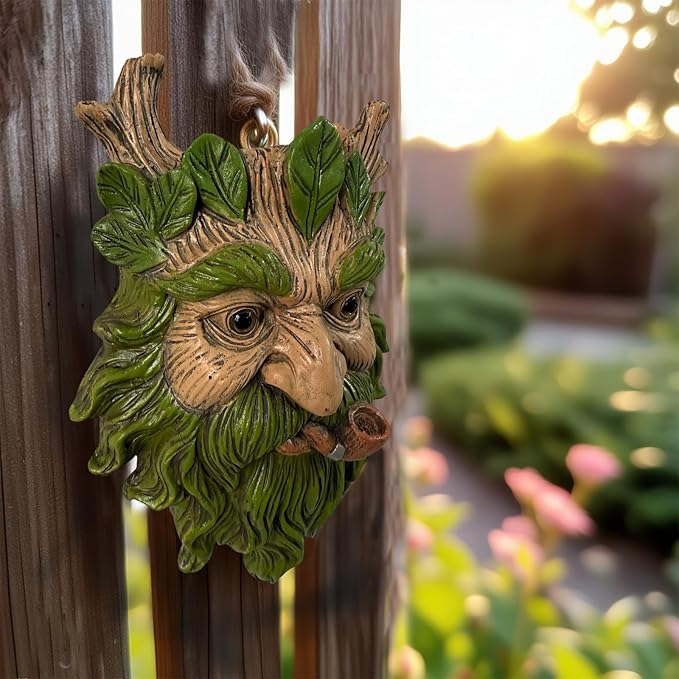 Whimsical Tree Face Garden Statues Outdoor Decor – Funny Old Man Tree Hugger Wall Sculpture with Pipe, Fairy Art Fence Hanging Resin Ornament, Outdoor Wall Mounted Sculpture for Patio Lawn & Home