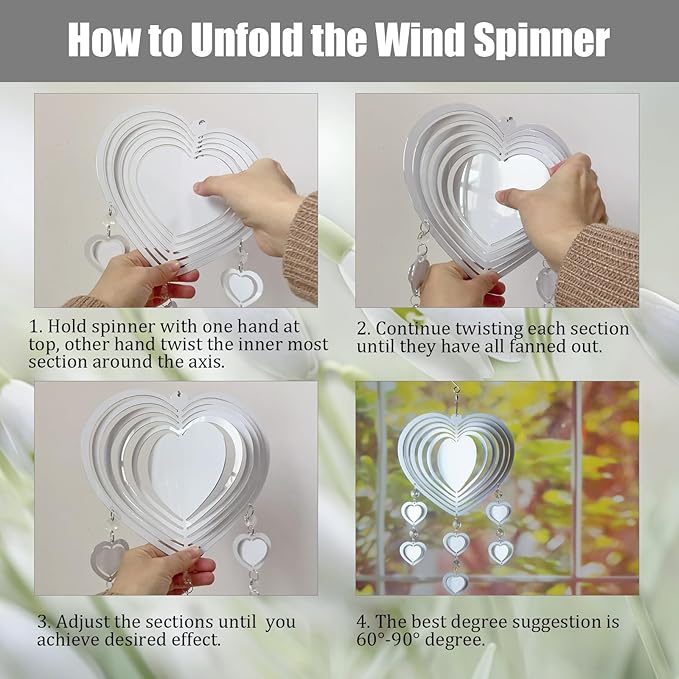 4Pack 8inch Sublimation Wind Spinner Blanks 3D Aluminum Metal Wind Sculpture Kinetic Spinners for Yard and Garden Indoor Art Ornaments Hanging Decoration (Heart Pendant)
