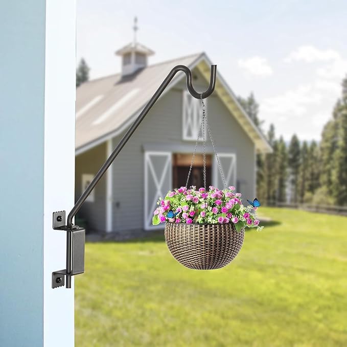 16" 360° Swivel Deck Hook - Heavy Duty Solid Steel Plant Hanger, 12-Directional Adjustable Wall Bracket for Bird Feeders/Pole, Outdoor Plants & Wind Chimes, Lanterns,Upgrade Black (4-Pack)