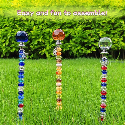 72Pcs Fairy Wand Beaded Garden Stakes Kit, Decorative Garden Stakes Beadable Items Fairy Garden Kit for Different Festivals Fairy Garden Accessories Outdoor, Ball-(Orange+Blue+Whit)