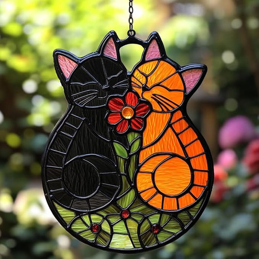Cute Loving Couple Cats Acrylic Suncatcher Stained Glass Effect Window Car Hanging Christmas Ornament Indoor Outdoor Decor Garden Sun Catcher Panel Gifts for Cat Lover for Women Mom Grandma