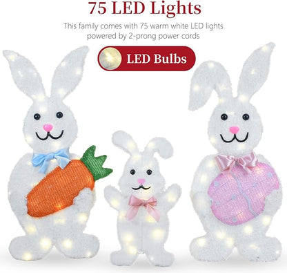Outdoor Solar Easter Bunny Yard Decorations, Lighted Metal Bunny Family Set of 3, Pre-Lit LEDs for Lawn Garden Front Porch
