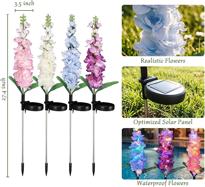 Solar Flower Lights Outdoor - 4 Packs 80 LEDs Upgraded Solar Powered Lights for Garden Patio Yard Pathway Decor - Waterproof Outside Solar Flower Decoration - Gift for Women Mom Grandma