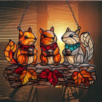 Autumn Squirrel Acrylic Suncatcher Stained Glass Effect Window Car Hanging Christmas Ornament Indoor Outdoor Decor Garden Sun Catcher Panel for Acrylic Suncatcher Lover for Women Mom Grandma