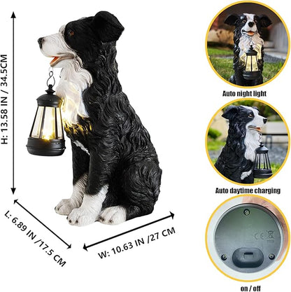 COWOS Solar Border Collie Dog Statue with Lantern, Resin Outdoor Garden Decor, Solar Powered LED Dog Sculpture for Patio Porch Yard