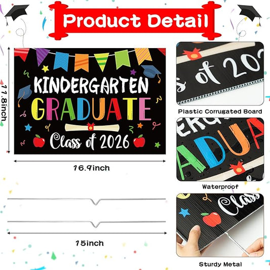 Kindergarten Grad Yard Sign Class of 2026 Preschool Graduate Lawn Sign with Stake School Congrats Graduation Decorations Colorful Graduation Party Favors Supplies Outdoor Photo Booth Props for Kids