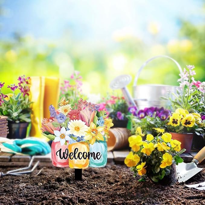 Decorative Garden Stakes, Welcome Yard Sign, Metal Arrangement Ornaments for Courtyard Lawn, Rusty Outdoor Decortions for Easter Housewarming (H)