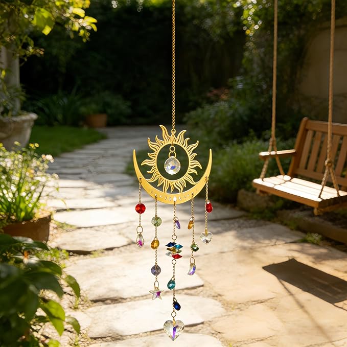 Bohemian Garden Crystal Suncatcher, Crystal Prism Suncatcher, Rainbow Maker, Hanging Crystals for Window, Garden Decoration (Sun)