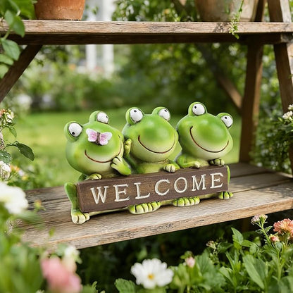 Cute 3-Pack Frog Resin Statue with Welcome Sign - 7.87 Inch”L Hand-Painted Indoor Outdoor Decor, Weather Resistant Frog Figurine for Patio, Yard & Porch