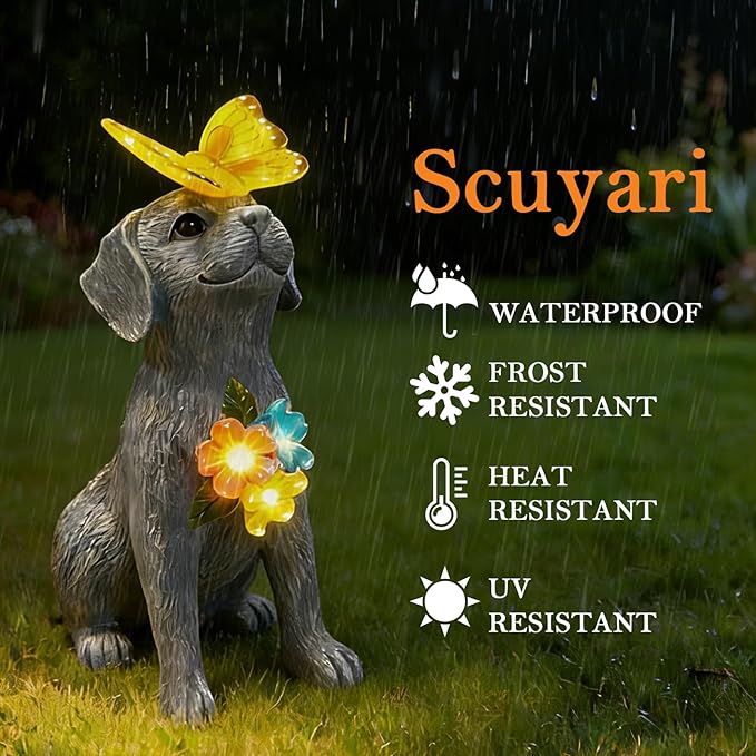 Dog Garden Statue Solar Butterfly, Dogs Figurines with Lantern Outdoor Patio Yard Decor Ideal Birthday Housewarming Gifts ,Dad Mom Grandma Dog Lovers, Beautifully Crafted Decorations to Wow Guests