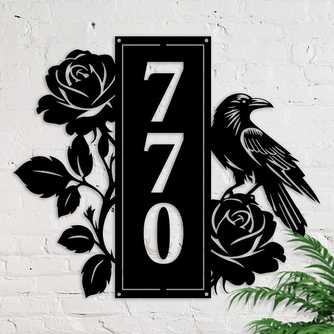 Personalized Gothic House Number metal Signs,Custom Address Number Metal Wall Art Decor,Black Plaques Outdoor wall Decorative Signage,Shed(8-30 Inches) (Crow Rose)